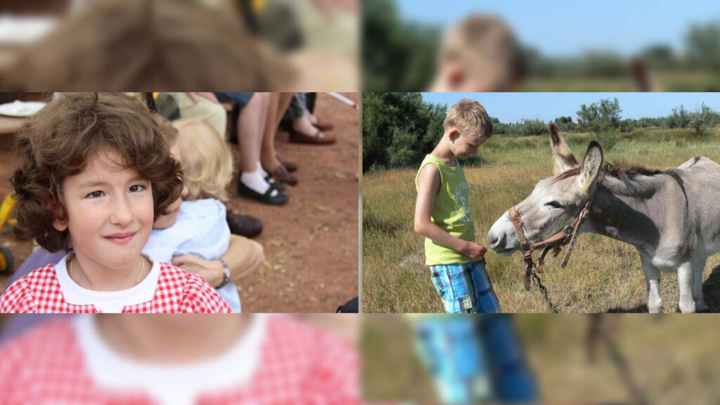 bildcollage foto von laechelndem maedchen und jungen mit esel