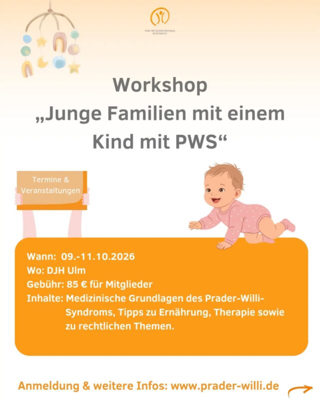 ✨ Workshop „Junge Familien mit einem Kind mit PWS“ ✨
9.–11. Oktober in Ulm 📍

Ein Wochenende, das jungen Familien Sicherheit, Wissen und Rückenwind gibt.
Unser Informationswochenende richtet sich an Eltern von Babys und Kleinkindern mit Prader‑Willi‑Syndrom – und bietet genau das, was in dieser frühen Lebensphase so wichtig ist: Orientierung, Austausch und fachliche Unterstützung 🤝💛.

Unter der Leitung von Dr. Constanze Lämmer (Leiterin Prader‑Willi‑Zentrum, Josefinum) erhalten die Teilnehmenden:

🧠 Medizinische & therapeutische Grundlagen zum Prader‑Willi‑Syndrom 
🥗 Praktische Ernährungstipps für den Alltag
🧩 Impulse aus Psycho‑ und Physiotherapie 
⚖️ Wichtige rechtliche Informationen 
💬 Raum für Austausch mit anderen Familien mit einem Kind mit PWS

Ziel des Wochenendes ist es, Eltern zu stärken, ihnen Sicherheit zu geben und ein tieferes Verständnis für die seltene Erkrankung ihres Kindes zu vermitteln. Damit sie gut vorbereitet in die Zukunft starten können.

💶 Teilnahmegebühr: 85 € für Mitglieder
inkl. Workshop, zwei Übernachtungen & Verpflegung 🛏️✨

✍️ Jetzt anmelden: 
👉 shop.prader-willi.de/termine

Wir freuen uns darauf, junge Familien auf ihrem Weg zu begleiten und zu unterstützen 💛.