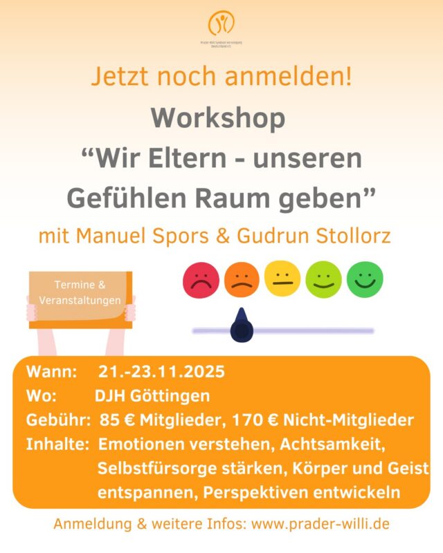 Workshop „Wir Eltern – Unseren Gefühlen Raum geben“ 💬❤️
📅 21.–23.11.2025 (Anreise am 21.11.)
📍 DJH Göttingen

Eltern von Kindern mit Behinderung stehen im Alltag oft vor besonderen Herausforderungen. Die Gefühle, die dabei entstehen – Liebe, Stolz, Angst, Trauer, Frustration oder Überforderung – können sich leicht aufstauen und das Wohlbefinden belasten.

In unserem Workshop habt ihr die Gelegenheit, diese Emotionen in einem geschützten Raum zu erkunden, zu verstehen und neue Strategien für den Umgang mit belastenden Situationen zu erlernen. Ihr könnt euch mit anderen Eltern austauschen, voneinander lernen und eure eigenen Geschichten, Träume und Fragen einbringen – ohne euch erklären zu müssen.

Was euch erwartet:
✨ Austausch und Reflexion eigener Gefühle
✨ Achtsamkeitsbasierte Übungen und Stärkung der Ich-Grenzen
✨ Körperliche Entlastung durch Tension Releasing Exercises
✨ Zukunftsplanung und Vernetzung

👥 Leitung: Manuel Spors & Gudrun Stollorz
📝 Anmeldung bis Ende August möglich!
Weitere Informationen und Anmeldung: https://shop.prader-willi.de/veranstaltungen/workshop-wir-eltern-unseren-gefuehlen-raum-geben-21-23-11-2025-goettingen/
#Elternsein #Achtsamkeit #Selbstfürsorge #Inklusion #GemeinsamStark #PraderWilliSyndrom #ElternWorkshop