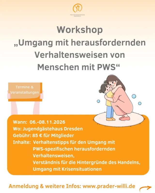 Workshop „Umgang mit herausfordernden Verhaltensweisen von Menschen mit PWS“  vom 6. bis 8. November 📅 in Dresden. Jetzt anmelden!

Wir…
👉 vermitteln Verständnis für die Hintergründe des Verhaltens
👉 zeigen Strategien zur Vorbeugung und Prävention
👉 geben praktische Tipps für den Umgang mit Krisensituationen
👉 reflektieren gemeinsam schwierige Situationen

Ziel ist es, Eltern mehr Sicherheit im Alltag zu geben und sie im Umgang mit herausfordernden PWS-spezifischen Verhaltensweisen zu stärken.

Die Teilnahmegebühr beträgt 85 Euro für Mitglieder und beinhaltet die Teilnahme am Workshop, zwei Übernachtungen und die Verpflegung während des Workshops 🍴 🛏️. Die Anreise erfolgt am Freitagabend. So können die Teilnehmenden in Ruhe ankommen und am gemeinsamen Abendessen teilnehmen. 📅 Der Workshop findet am Samstag und Sonntag statt.

✍️ Jetzt über unsere Website anmelden 👉 shop.prader-willi.de/termine. 

#PWS #PraderWilliSyndrom #Workshop #FamilienMitPWS #Austausch