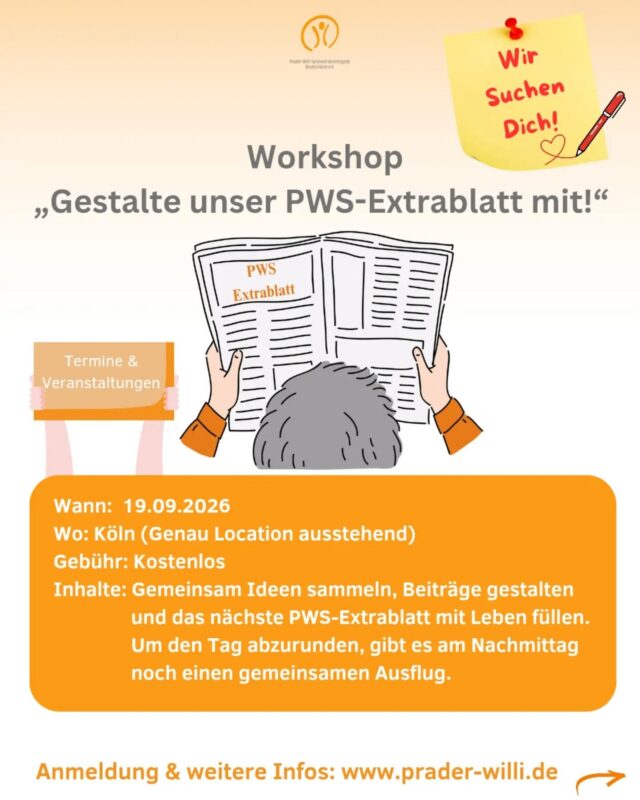 ✨ Workshop: Gestalte unser PWS-Extrablatt mit! ✨

 📅 Am 19. September 2026 findet in Köln (die genaue Location wird noch bekanntgegeben) unser Workshop „Gestalte unser PWS-Extrablatt mit!“ statt. Der Workshop richtet sich an Jugendliche und Erwachsene mit Prader-Willi-Syndrom ab 10 Jahren. 
 💙 Die Teilnahme ist kostenlos.

 📰 Ziel des Workshops ist es, gemeinsam Ideen für das PWS-Extrablatt zu sammeln, Beiträge zu schreiben und die nächste Ausgabe mit Leben zu füllen. Die Teilnehmenden werden während des gesamten Tages betreut. 

 🌟 Wir starten um 10:00 Uhr und schreiben gemeinsam spannende Artikel, machen Fotos für die Zeitung und planen sowie gestalten die nächste Ausgabe des PWS-Extrablatts. Eure eigenen Beiträge werden anschließend veröffentlicht. Am Nachmittag unternehmen wir außerdem einen gemeinsamen Ausflug in das Deutsche Sport & Olympia Museum Köln. 

 ✍️ Du hast Lust, die nächste Ausgabe unseres PWS-Extrablatts aktiv mitzugestalten? Dann sei dabei! 💙 
 Ob Schreiben, Fotografieren oder das Einbringen eigener Ideen – hier ist Platz für Deine Kreativität! Entdecke den Spaß an Medien, Kreativität und Journalismus!

 📝 Anmeldung über unsere Website: www.prader-willi.de 
 Wir freuen uns auf Dich! 💙

#PraderWilliSyndrom #PWS  #Mitmachaktion  #Teilhabe #Inklusion