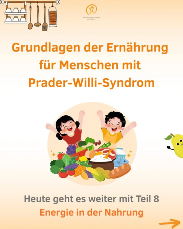 Grundlagen der Ernährung für Menschen mit Prader-Willi-Syndrom.
⚡🍽️ Heute geht es weiter mit Teil 8 – Energie in der Nahrung 
🔋🥗Wo steckt die Energie in unserer Nahrung? 
Die Energie in unserer Nahrung wird von drei Hauptbestandteilen geliefert: 
🥖Kohlenhydraten →  Kohlenhydrate liefern ca. 4 kcal/ 1 g
🥚Eiweißen →  Eiweiß liefern ca. 4 kcal/ 1 g
🥑Fetten → Fette liefern ca. 9 kcal/ 1 g. 

Der Zusammenhang zwischen Energielieferant⚡ und Energieverbrauch🏃‍♀️ ist entscheidend: 
⚖️Besteht zwischen beiden ein Gleichgewicht wird Gewicht- und BMI Entwicklung der Perzentile wie gewünscht erfolgen

🕒🍴Energieaufteilung über den Tag
Für Menschen mit PWS wird empfohlen, feste Mahlzeiten einzuhalten – idealerweise 5 (bis 6) Mahlzeiten am Tag. Feste Essenszeiten geben Menschen mit PWS Sicherheit und bieten so Schutz vor Selbstbeschaffung von Nahrung.

Die Verteilung der Tagesenergie erfolgt in drei gleiche Teile:
🍞☕1/3 für 1. und 2. Frühstück (inkl. Getränke)
🍲🥤1/3 für das Mittagessen (inkl. Getränke)
🍎🥪1/3 für Vesper und Abendbrot (inkl. Getränke)

Auf dem vierten Slide seht ihr einmal eine beispielhafte Kalorienverteilung über den Tag ⚡
Mahlzeiten können individuell angepasst werden. Wichtig sind dabei eine ausgewogene Zusammenstellung und eine angemessene Portionsgröße🥗. 
Die Tellerregel🍽️ auf Slide 5 kann helfen, die verfügbare Energie bei Mittag- oder Abendessen einzuhalten.

🥦🍎Besonders hilfreich ist es, Lebensmittel mit hoher Energiedichte bewusst zu dosieren und energiereduzierte Beilagen wie Gemüse und Obst großzügig einzuplanen. So lässt sich die Energiezufuhr über den Tag besser steuern.

🎥 Mehr dazu in unserem Webcast mit Dr. Constanze Lämmer auf YouTube: „Grundlagen der Ernährung für Menschen mit PWS (Teil 2)"
👍Euch hat der Beitrag gefallen? Dann lasst uns gerne ein Like da.
#PWS #Ernährung #Ernährungstipps #Energie #ErnährungbeiPWS