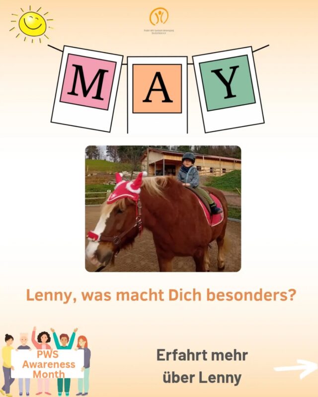 🎥 Jeder Mensch mit PWS ist einzigartig! 

Die Mutter von Lenny (5) aus Baden-Württemberg hat uns mitgeteilt, was ihren Sohn so einzigartig macht 💛. Lenny ist wahnsinnig liebenswert und ist kleiner Abenteurer, denn er liebt Herausforderungen und entdeckt gerne Neues 🔍✨. Zu seinen Lieblingshobbys gehören Reiten 🐴, Schwimmen🏊‍♂️, Klettern 🧗‍♂️ und Musizieren 🎶. Seine Eltern sind sehr stolz „auf ihren jungen Kämpfer“, wie seine Mama sagt 💪. 

Vielen Dank an Lenny und seine Mama! 

Über Lenny gab es dieses Jahr auch einen Beitrag bei Taff. Hier könnt Ihr Euch den Beitrag anschauen: https://www.augsburger-allgemeine.de/panorama/video-113985629 

🧡 Den ganzen Mai zeigen wir, dass jeder Mensch mit PWS einzigartig ist. 
👉 Deshalb fragen wir: Was macht dich besonders? Was macht dich einzigartig? 
👉 Macht mit und schickt uns ein kurzes Video: 
Habt Ihr ein besonderes Hobby, eine Stärke oder einen Charakterzug, der Euch ausmacht? Alles ist willkommen – ein Wort, ein Satz oder eine kleine Geschichte. 
✍️ Ihr möchtet lieber schreiben? Dann schickt uns ein Foto mit einem kurzen Text. 
Mit Eurer Hilfe können wir zeigen, wie vielfältig und einzigartig Menschen mit PWS sind. 
✨ Eure Beiträge veröffentlichen wir mit Eurer Zustimmung auf unserem Instagram-Kanal. 
➡️ Schickt uns ein kurzes Video oder Euren Text per Mail an info@prader-willi.de oder per WhatsApp an 0176 21596931 
🧡 Wir freuen uns auf Eure Videos und Beiträge! 

Teilt den Post, wenn ihr findet, dass mehr Menschen Lenny kennen sollen!
 
#Einzigartig #PWS #MachtMit #Besonders #Mai