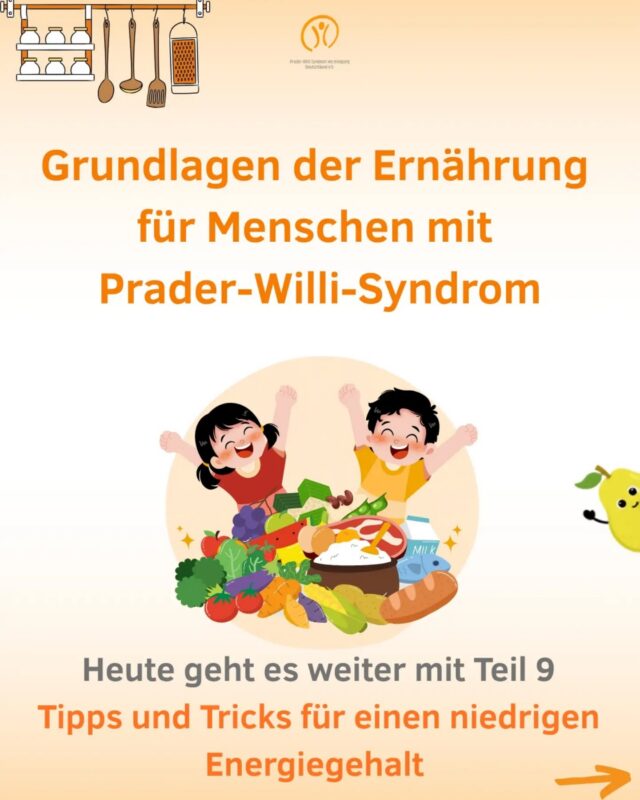 Grundlagen der Ernährung für Menschen mit Prader-Willi-Syndrom 
⚡Tipps und Tricks für einen niedrigen Energiegehalt 
In Teil 9 unserer Reihe geht es darum, wie sich die Energiezufuhr bei Menschen mit Prader-Willi-Syndrom gezielt beeinflussen lässt. Entscheidend sind dabei nicht nur die Auswahl der Lebensmittel🍎🥦, sondern auch ihre Zubereitung🍳. 

Energiereiche🔺 und energiearme🔻 Lebensmittel können mit Hilfe einer balancierten optimierten Mischkost, wie in Teil 1 „Balancierte optimierte Mischkost“ erläutert, sinnvoll kombiniert werden. 

📏🥦Unterschiede bei der Portionsgröße oder beim Gemüseanteil führen zu einem deutlich anderen Energiegehalt, obwohl die gleichen Lebensmittel verwendet werden.
🍽️„Schlaue Teller“ zeigen, wie sich durch Anordnung und Aufteilung der Lebensmittel ein Unterschied von rund 60 kcal erzielen lässt. 

💡Zusätzlich gibt es viele versteckte Energiesparpotenziale, auf Slide vier findet Ihr einige Tipps.

👨‍🍳Wichtig ist auch, Fettfallen bei der Zubereitung zu vermeiden. 
Hilfreich dabei ist:
✅🧈das Nutzen von Alternativen wie Diätmargarine, Frischkäse, Senf oder Tomatenmark statt Butter, 
✅🌿das Einsetzen von Ölsprüher oder Beschichtete Pfannen mit ölgetränktem Papier auswischen,
✅🍟das meiden von frittierte oder panierte Speisen und 
✅❄️die Auswahl von frischen Lebenmitteln oder naturbelassene Tiefkühlprodukte 
✅👨‍🍳 Zubereitungsalternativen wie Römertopf, Bratfolie oder Grillen ausprobieren 

🥔Bei Kartoffelgerichten lohnt sich auch ein genauer Blick: 
✔️Pell-, Folien- und Salzkartoffeln haben weniger Energie und Fett als 
❌Kartoffelpüree, Kroketten, oder Kartoffelpuffer. 
Am besten kommen Kartoffeln möglichst unverarbeitet auf den Tisch.

🎥 Mehr dazu in unserem Webcast mit Dr. Constanze Lämmer auf YouTube: „Grundlagen der Ernährung für Menschen mit PWS (Teil 2)"
👍Euch hat der Beitrag gefallen? Dann lasst uns gerne ein Like da.
#PWS #Ernährung #Ernährungstipps #Energie #ErnährungbeiPWS
