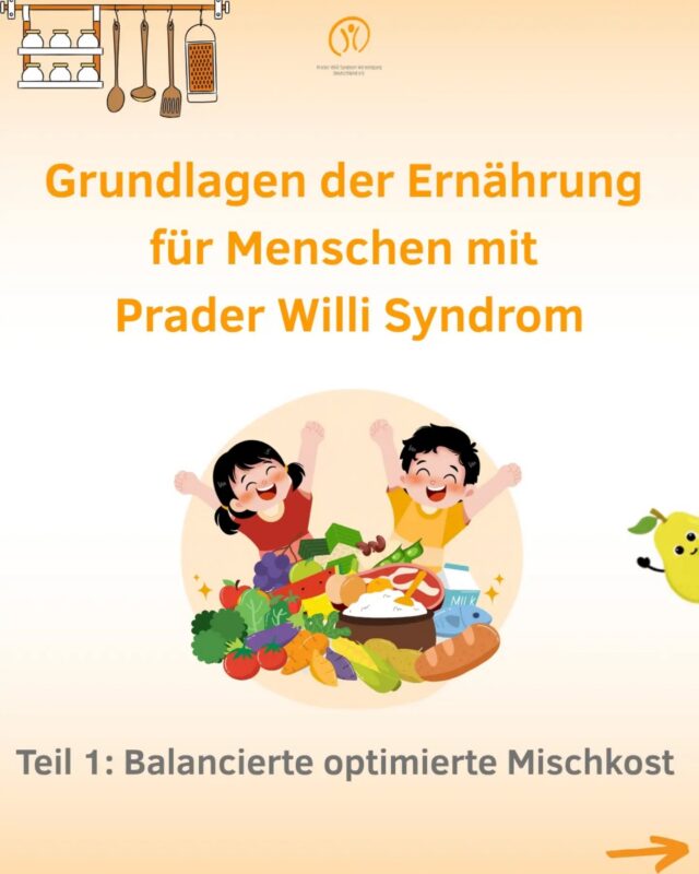 Neue Serie: Grundlagen der Ernährung für Menschen mit PWS 🥗
Aufgrund der Esssucht und des deutlich reduzierten Kalorienbedarfs ist eine ausgewogene und angepasste Ernährung bei Menschen mit Prader-Willi-Syndrom besonders wichtig. Sie kann helfen, Hunger besser zu kontrollieren, Übergewicht vorzubeugen und das Risiko für Folgeerkrankungen einer Adipositas zu senken.
🍎💚 In den kommenden Wochen zeigen wir, wie die Ernährung für Menschen mit PWS aussehen sollte.
Die Basis der Ernährung bildet die balancierte optimierte Mischkost.
Sie sorgt für eine ausgewogene Versorgung mit allen wichtigen Nährstoffen und berücksichtigt gleichzeitig den geringeren Energiebedarf bei PWS.
Empfohlen wird folgende Verteilung der Nährstoffe:
🥔 45–50 % Kohlenhydrate
🥚 20–25 % Eiweiß
🥑 30 % Fett
Wichtige Merkmale sind: 
•	Restriktiver Umgang mit Zucker und schnell verfügbaren Kohlenhydraten
•	Bevorzugung komplexer Kohlenhydrate, die länger sättigen 
•	Hochwertig, überwiegend pflanzliche Fette
•	Ausreichend Eiweißzufuhr 
•	Altersgerechte Mengen kalorienfreier bzw. kalorienarmer Getränke 
•	Anpassung an den reduzierten Energiebedarf bei PWS
Die PWEss-Pyramide, die Ihr in unserem Beitrag seht, bietet dabei eine gute Orientierung für den Alltag. Die einzelnen Ebenen zeigen, welche Lebensmittelgruppen den größten Anteil der täglichen Ernährung ausmachen sollten und welche eher in kleineren Mengen verzehrt werden sollten.
➡️ Nächste Woche beschäftigen wir uns genauer mit dem Thema Kohlenhydrate und gehen der Frage nach, welche Kohlenhydratquellen für Menschen mit PWS besonders geeignet sind.
Ihr möchtet in der Zwischenzeit mehr über die Ernährung beim PWS erfahren? Dann schaut Euch unseren Webcast mit Dr. med. Constanze Lämmer auf YouTube an.
💬 Jetzt interessiert uns: Wie findet Ihr unsere neue Beitragsreihe? Wir freuen uns auf Eure Kommentare! 😊
#PraderWilliSyndrom #PWS #Ernährung #Mischkost #Familienalltag