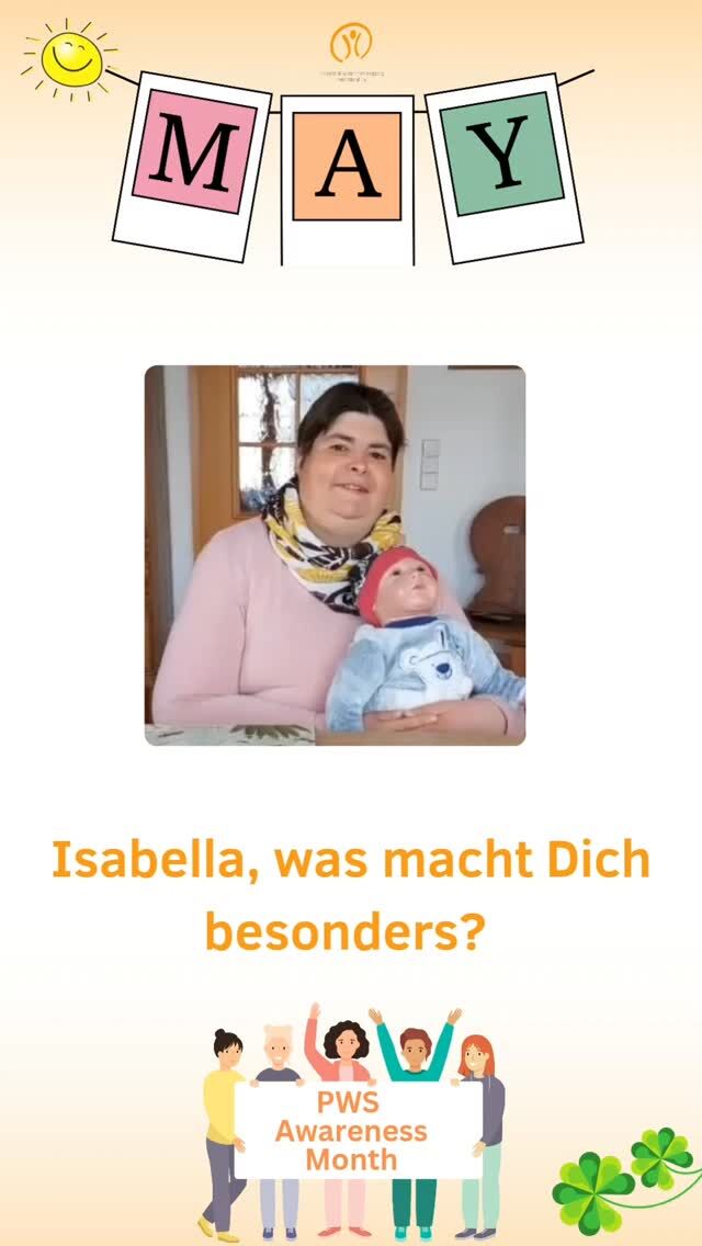 🎥 Jeder Mensch mit PWS ist einzigartig! 

Die 36-jährige Isabella wohnt in einem Wohnheim und hat eine große Leidenschaft für Puppen 🧸💖. Sie besitzt aber nicht irgendwelche Puppen, sondern die ganz besonderen Reborn Babys. Das sind Puppen, die täuschend echt aussehen. Für Isabella sind sie wie eigene Kinder. Neben Reborn Babys haben es ihr auch Insekten angetan 🐝🪲. Isabella interessiert sich vor allem für Bienen 🐝 und war auch schon oft beim Imker 👩‍🌾. Deshalb weiß sie über die Tiere alles, wie sie selbst sagt. Wir finden, das sind richtig tolle Hobbys. 

 

Vielen Dank, Isabella! 

🧡 Den ganzen Mai zeigen wir, dass jeder Mensch mit PWS einzigartig ist. 
👉 Deshalb fragen wir: Was macht dich besonders? Was macht dich einzigartig? 
👉 Macht mit und schickt uns ein kurzes Video: 
Habt Ihr ein besonderes Hobby, eine Stärke oder einen Charakterzug, der Euch ausmacht? Alles ist willkommen – ein Wort, ein Satz oder eine kleine Geschichte. 
✍️ Ihr möchtet lieber schreiben? Dann schickt uns ein Foto mit einem kurzen Text. 
Mit Eurer Hilfe können wir zeigen, wie vielfältig und einzigartig Menschen mit PWS sind. 
✨ Eure Beiträge veröffentlichen wir mit Eurer Zustimmung auf unserem Instagram-Kanal. 
➡️ Schickt uns ein kurzes Video oder Euren Text per Mail an info@prader-willi.de oder per WhatsApp an 0176 21596931 
🧡 Wir freuen uns auf Eure Videos und Beiträge! 

Was möchtet Ihr Isabella gerne sagen? Schreibt es in die Kommentare! #Einzigartig #PWS #MachtMit #Besonders #Mai
